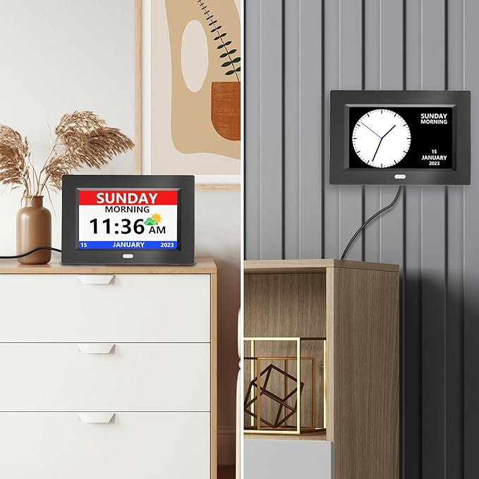 LXBYJKJ 7 Inch Digital Clock with Day and Date for Elderly Alzheimer's Clock Customizable Alarms 3 Display Modes Large Font Alarm Clock for Seniors Auto DST Black