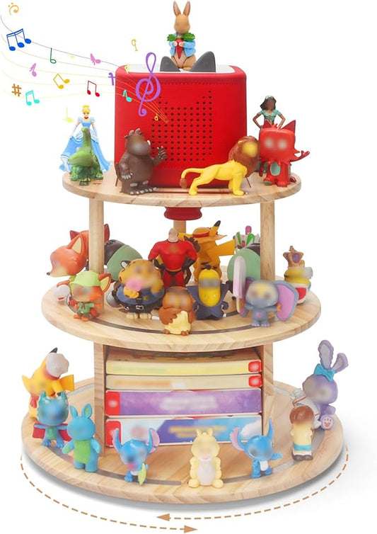 360° Rotating Storage Shelf for Toniebox1/2, 3-Tier Organizer Holder for 30~40 Tonies Figures, Wooden Magnetic Stand Display for Tonie Box + Characters + Tonieplay Game + Controller