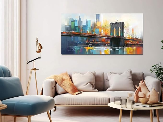 Arjun Cityscape Wall Art New York City Canvas for Living Room Painting Brooklyn Bridge Manhattan Bedroom Wall Art for Men Modern Blue Picture Grey Artwork Large Framed Home Office Wall Decor 40"x20"