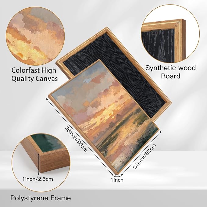 TOARTi Large Framed Abstract Sunset Landscape Canvas Wall Art,Nature Sunset Scenery Painting Wall Decor, Watercolor River Grassland Art Prints for Farmhouse Home Living Room Bedroom Office-24”x35”x3