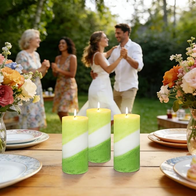 Eucalyptus Mint Scented Pillar Candles, 3x6 Inch Green and White Striped 100% Cotton Core Paraffin Wax Candles for Home Room Shelf Decor Idea, Set of 3
