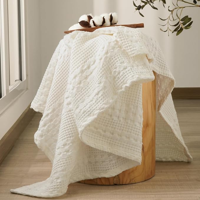 PHF 100% Cotton Waffle Throw Blanket for Couch, Lightweight Breathable and Soft for Summer, Luxury Aesthetic Waffle Weave Blanket for Home Decor & Office, Gifts for Women, 50"x60", Ivory