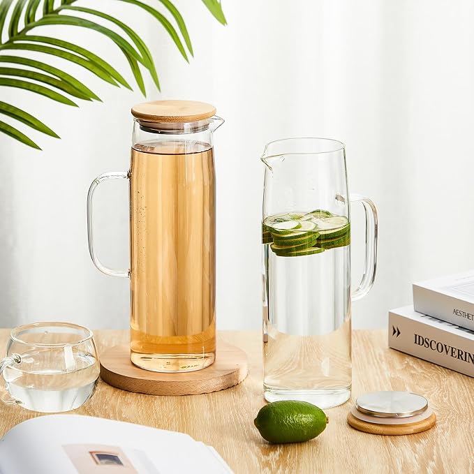 Hsei 2 Sets Glass Pitcher with Lid, 50 oz / 1500 ml Water Carafe with Handles Hot Cold Beverage Water Jar Glass Jug for Tea Juice Milk Coffee Iced Beverage