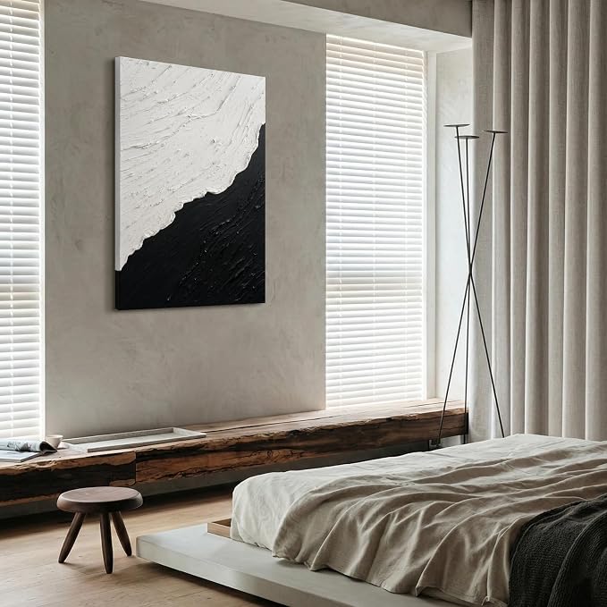 Black & White Abstract Ocean Canvas Wall Art Vertical Textured Oil Painting | Modern Minimalist Neutral Artwork for Office Bedroom Dining Room Decor, Hand-Painted Wall Decor for Living Room, 24x36 In