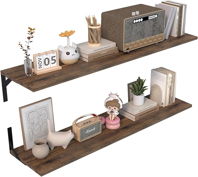 Long Wall Shelves, 48" W x 12" D Large Floating Shelves Set of 2, Wide Display Wood Shelf Wall Mounted with Heavy-Duty Metal Brackets for Bedroom Books, Living Room, Kitchen, Rustic Brown