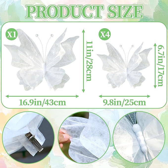 OBBOLO 3D Hanging Butterfly Decorations, White Butterfly Birthday Party Decorations, 5 Pcs Water-Repellent Paper Butterfly Hanging Decorations for Girls, Women, Flower Garden Party Décor