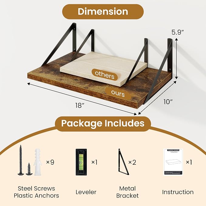 Floating Shelves for Wall,18" Wall Mounted Shelves Set of 2,Wood Floating Shelf with Bracket,Sturdy Metal Bracket Bookshelves Home Decor Storage for Living Room,Bedroom,Bathroom,Kitchen,Rustic Brown