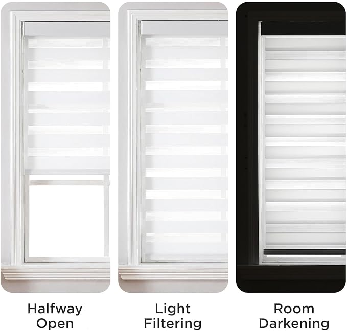 Joydeco Cordless Zebra Blinds (Pro), Dual Layer Light Control Zebra Blinds for Windows, Light-Proof Aluminum Cover, Free-Stop Roller Shades for Home & Office (White,28" W x 75" H)