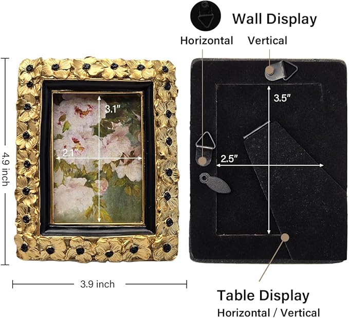 SYLVIA'S SHOP 2.5x3.5 Small Vintage Picture Frame, Mini Antique Gold Ornate Photo Frame, for Tabletop and Wall Display, Decorative Floral Design Retro Home Decor, Photo Gallery Art