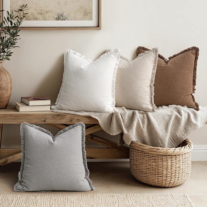 MIULEE Decorative Couch Pillow Covers Neutral Linen Fringe Throw Pillows Set of 4 Modern Cushions Boho Farmhouse Pillowcases for Bed Sofa Living Room Spring Home Decor 18x18 Inch Beige/Brown/Grey
