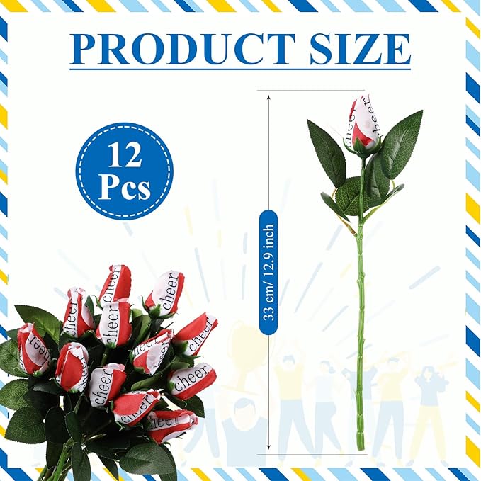 Suhine 12 Pcs Red Cheer Gifts Cheerleader Cheerleading Artificial Rose Flowers Gifts Bulk for Women Cheer Team Sport Game Day Birthday Graduation Party Decorations Favors (Red White, Normal)