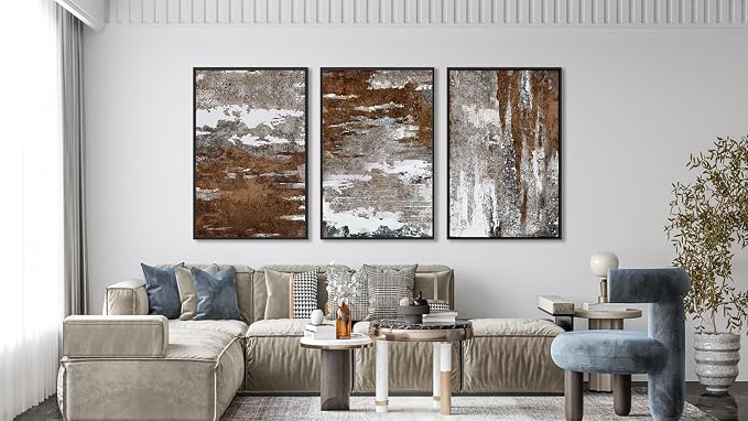 Large Framed Canvas Wall Art - Rustic Brown and White Abstract Pictures for Living Room Aesthetic Vintage Wall Decor Retro Prints for Bedroom Dinning Room Black Float Framed 20" X 28" X 3 pcs