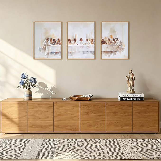 KAIRNE Jesus Last Supper Framed Canvas Wall Art Set, Christian Twelve Apostle Wall Decor, Bible Renaissance wall Painting, Religious Picture Art Print for Living Room, Bedroom, Church-12 x16 x3