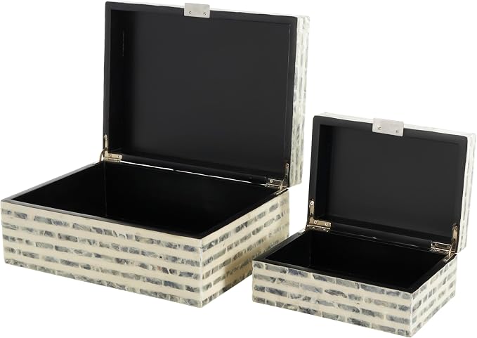 Deco 79 Mother of Pearl Shell Geometric Handmade Decorative Box Linear Mosaic Storage Decorative Keepsake Box with Cream Underlay, Set of 2 Storage Box 12", 8"W, Cream