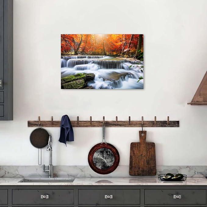 Fall Nature Sunset Wall Art Living Room Waterfall Mountains Picture Bedroom Bathroom Decor Autumn Maple Trees Scenery Canvas Prints Vintage Photography Artwork Modern Home Bathroom Decorations 16x24"
