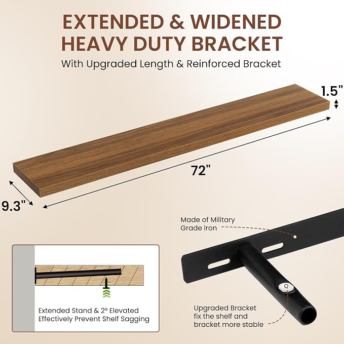 Dreamland 72 Inches Floating Shelves for Wall,9.3" Deep Long Floating Shelves Set of 1,Large Display & Storage Shelf,Wall Shelf for Bathroom Bedroom Living Room Kitchen Office,Walnut
