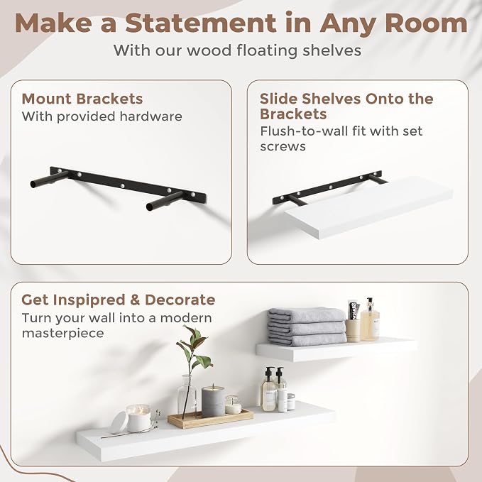 32 Inch Floating Shelves for Wall Set of 2, 8"D Wood Grain Bathroom Shelves with Invisible Brackets, Easy Install Engineered Wood Storage Shelves for Kitchen, Living Room, Bedroom, White Finish