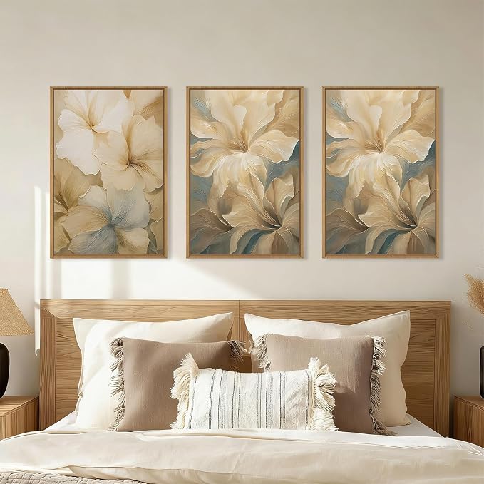 KAIRNE Neutral Beige Flower Framed Canvas Wall Art Set, Modern Magnolia Floral Wall Decor,Aesthetic Warm Wildflower Art Prints,Boho Botanical Artwork for Living Room,Bedroom,Farmhouse,Office-24"x36"x3
