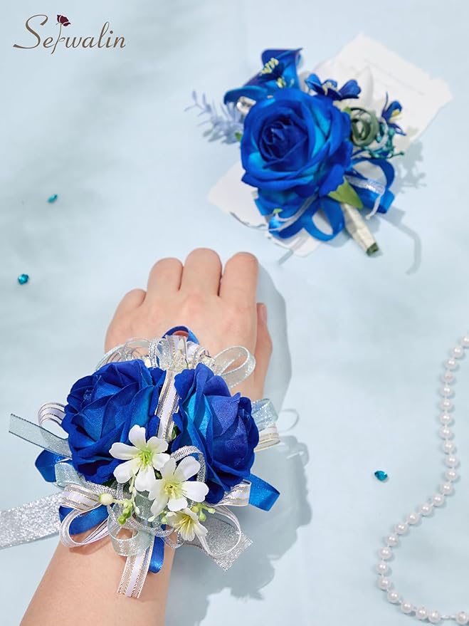 Serwalin Blue Prom Corsage and Boutonniere Set, Artificial Calla Lily & Rose Wrist Corsage Wristlet for Homecoming, Formal Dance, Wedding Flowers Accessories Party Suit Decorations