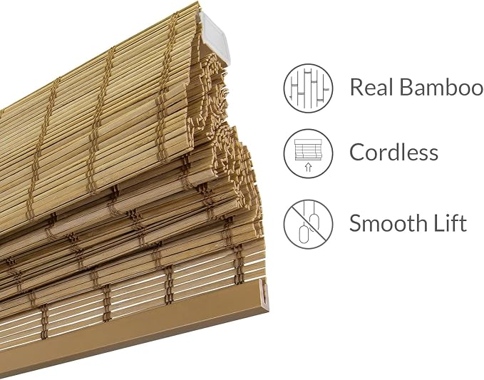 CHICOLOGY Bamboo Roman Shade, Cordless Light Filtering Woven Wood Window Treatment for Living Room, Dining Room, Kitchen & Office, Natural Bamboo Blinds for Boho Coastal Decor, Deer, 39" W x 64" H