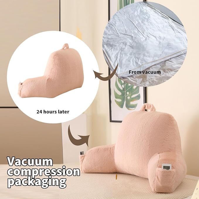 Large Plush Backrest Pillow for Sitting in Bed,Faux Fur,Pink | 19" Back Pillow with Arms Supports Adults,College Students,Elbows & Forearms for Dorm Reading,Gaming,Watching TV