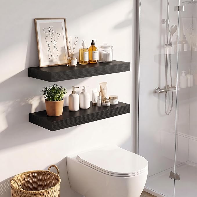 Vivelove Black Floating Shelves for Wall with Invisible Brackets, 16 Inch Floating Shelf for Bathroom Bedroom Living Room Kitchen, 16" X 8" X 1.4", Set of 2 - Black