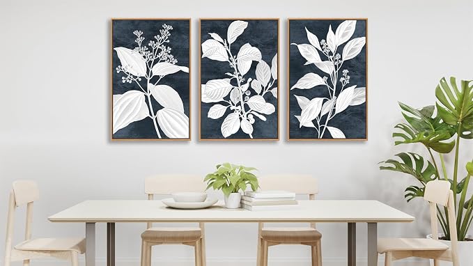Large Botanical Wall Art for Living Room Natural Wood Float Framed Art Set of 3 White Plant Canvas Pictures Minimalist Artwork Indigo Canvas Prints for Bedroom Home Office Wall Decor 24"X36"X3