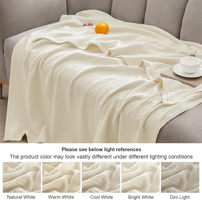 PHF 100% Cotton Muslin Blanket Queen Size 90"x90", 4-Layer Lightweight Gauze Throw, Breathable Cloud-Soft Minimalist Blanket for Bed, Couch, Camping, Birch, Ideal Gift