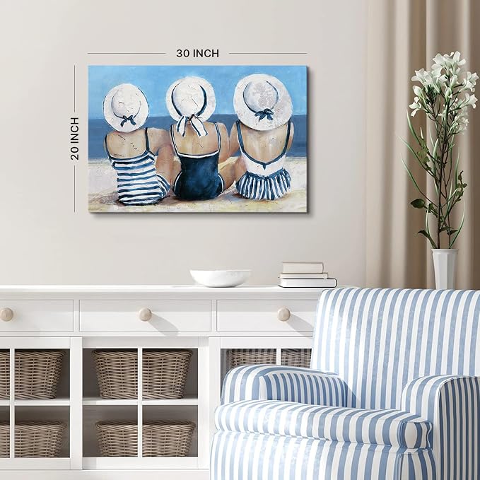 Navy Blue Coastal Canvas Wall Art Beach Wall Decor for Girls Bedroom Rustic Ocean Landscape Painting Bathroom Picture Nautical Seaside Swimsuit Poster Artwork Living Room Kitchen Decoration 20x30"