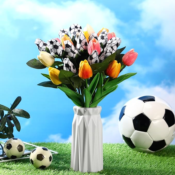 Suhine 24 Pcs Artificial Soccer Rose Flowers Sports Party Favors Bulk for Birthday Graduation Wedding Party Decorations Table Centerpieces Mom Fans Team Coach Senior Night Gift (Soccer Color, Normal)