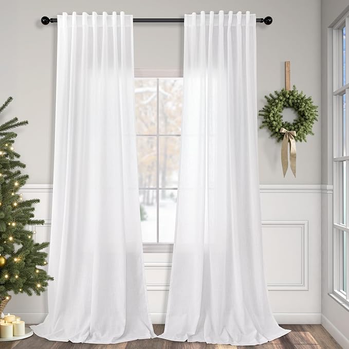 Pitalk White Sheer Curtains 80 Inch Length for Living Room 2 Panel Back Tab Rod Pocket Rustic Modern Farmhouse Semi Privacy Linen Drapes Pleated Curtain for Bedroom Playroom Wide 52x80 Long Curtains