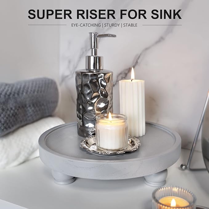 EOSAHR Modern Wooden Risers for Display: Farmhouse Pedestal Stand for Home, Kitchen and Bathroom Counter Decor - Stylish Round Waterproof Decorative Tray for Organize Soap, Sink, Jewelry (Gray)