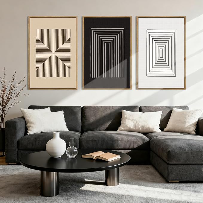 Anyzal Large Black Abstract Wall Art Framed16x24 Inch Brown and White Modern Minimalist Canvas Wall Decor Neutral Textured Art Prints for Living Room Bedroom Office Set of 3