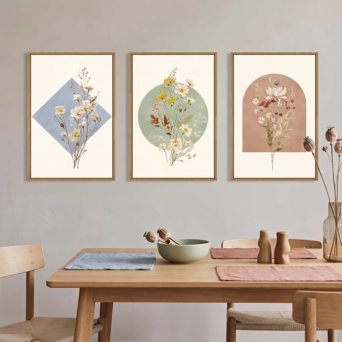 Large Vintage Wildflower Botanical Framed Canvas Wall Art Set,Watercolor Calming Floral Wall Painting,Minimalist Boho Flower Artwork for Living Room,Dining Room,Office Decor-24 x36 x3