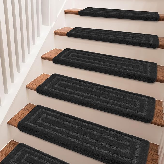 PURE ERA Bullnose Carpet Stair Treads Tape Free Non-Slip Indoor Stair Protectors Pet Friendly Stair Treads for Wooden Steps 9.5" x 30"(2 Pieces,Black Rectangular)