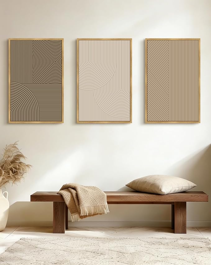 PHOPAGO Boho Mid-Century Modern Framed Wall Art Large 16x24in Minimalist Abstract Neutral Line Wall Decor Bohemain Geometric Artwork Bedroom Home Office - Natural Framed