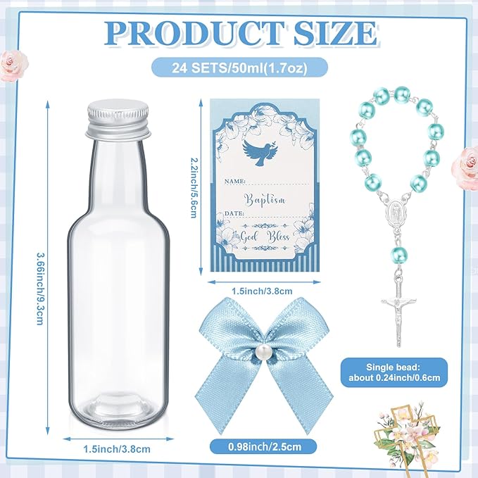 FillTouch 24 Sets Catholic Holy Water Bottle Baptism Rosary Set Baptism Favors 1.7oz Christian Water Container Empty Glass Holy Water Bottle for Easter Party Church Wedding Table Newborn (Blue)