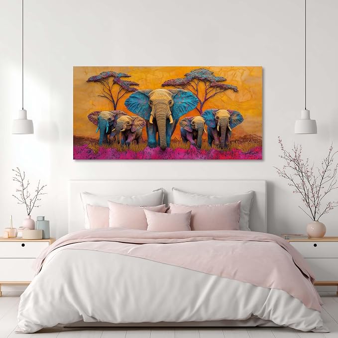 Ggaafet Colorful Elephant Wall Art for Bedroom Canvas Painting Prints Beautiful Cute African Purple Surreal Art Deco Modern Artwork Office Family Dining Room Decor