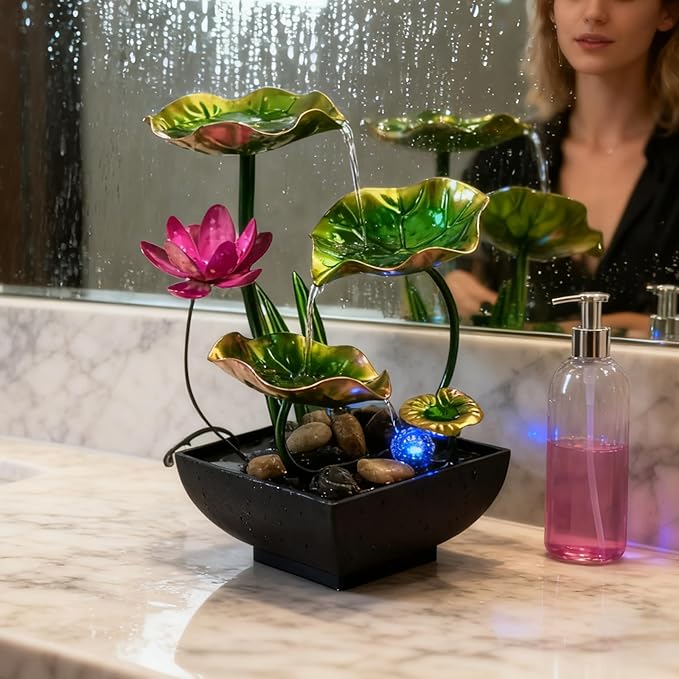 AOZITA Tabletop Fountain, Indoor Waterfall Fountain, Tall Home Décor Zen Relaxation Soothing Sound Machine for Office, Living Room, or Bedroom, Green Metal Lotus with Flower, River Rocks, LED