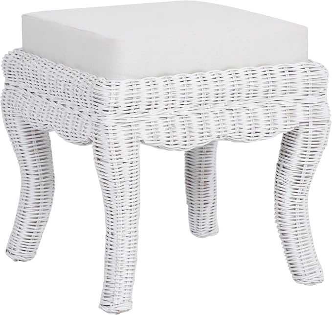 JONATHAN Y Rowan Woven Rattan Vanity Stool with White Cushion, 18.5" Coastal Backless Makeup Chair for Bedroom & Bathroom, White Distressed Mango Wood Wicker Ottoman Footrest VSL1000D