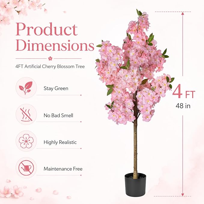 Set of 2 Artificial Cherry Blossom Trees 4FT, Faux Pink Sakura Blossom Flower Tree with Secure Heat-Fused Petals & Base, Realistic Potted Fake Plants for Home Office Wedding Indoor Decor