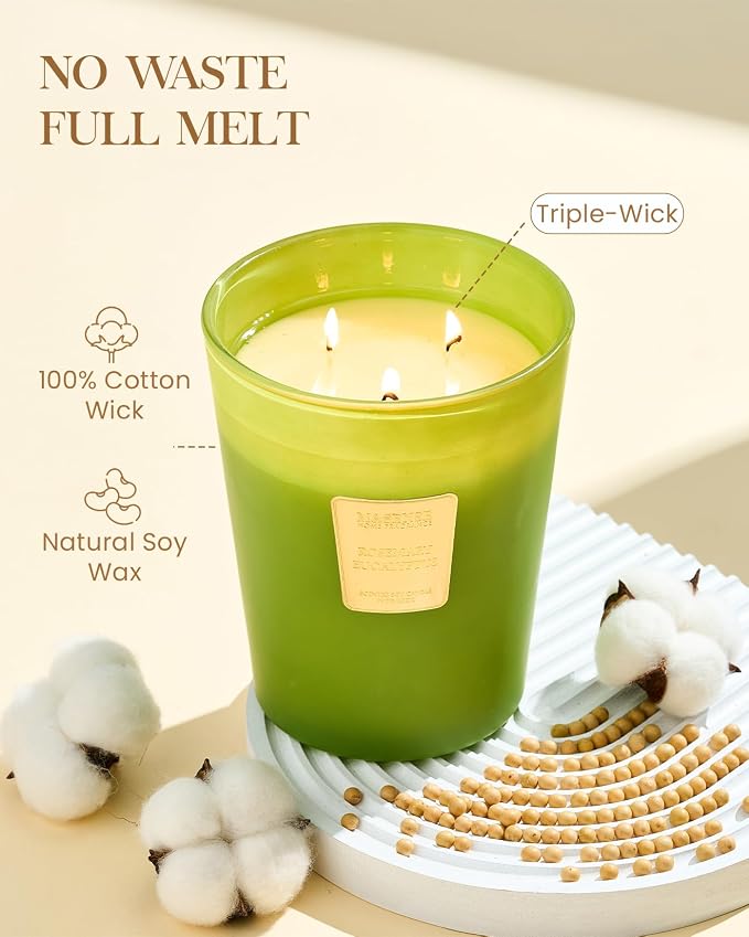 M&SENSE Rosemary Eucalyptus Soy Candle, 35oz 3-Wick, Summer Spa Meditation | 150H Slow Burn, Non-Toxic, Large Jar, Meditation Room, Office Focus, Yoga Studio, Stress Relief, Refresh Mind