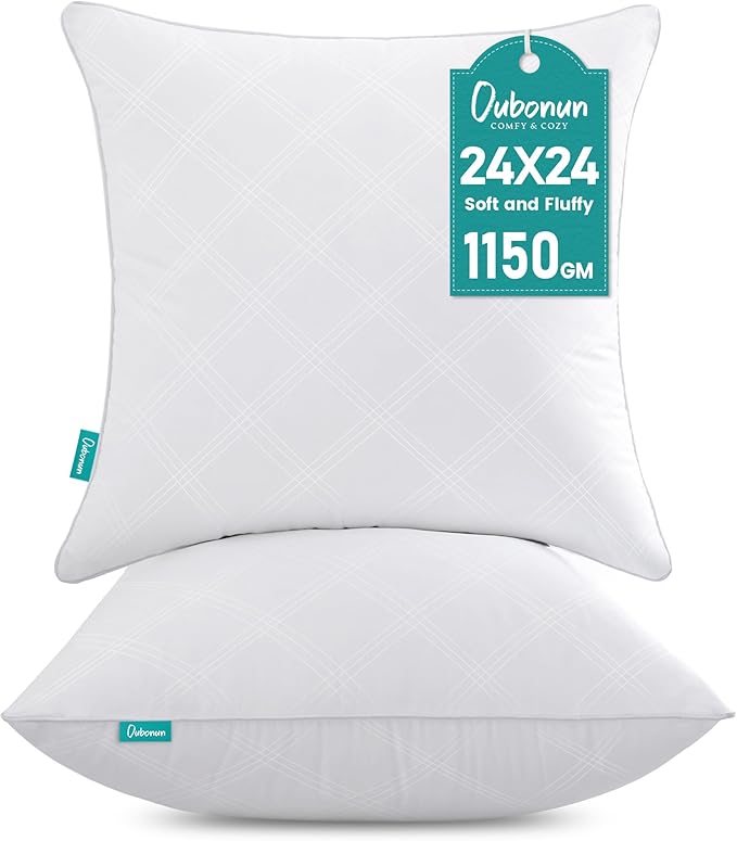 Oubonun 24x24 Throw Pillow Inserts Set of 2, White Square Interior Sofa Pillow Inserts, Decorative Pillow Insert Pair for Couch Bed Living Room