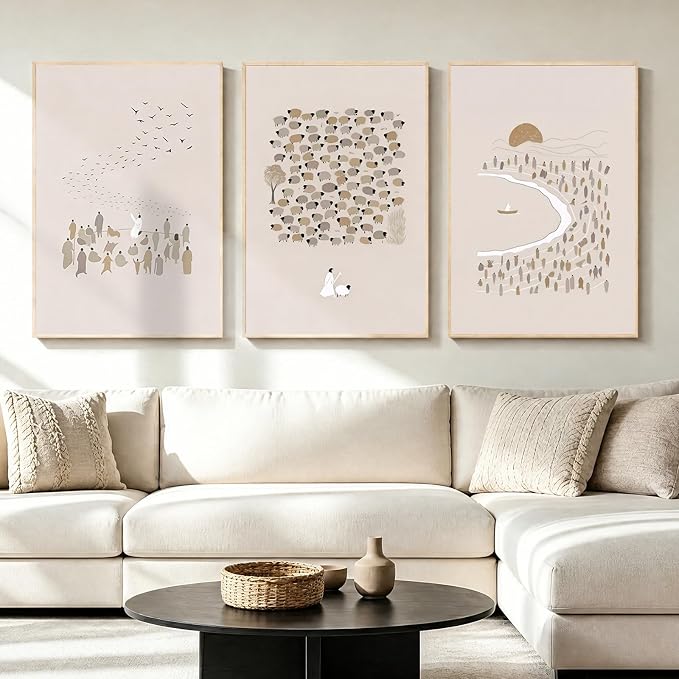 LAATOZ Large Christian Wall Art Framed Neutral Canvas Painting, Jesus Boho Artwork for Living Room Bedroom Office Hallway Stairs 16x24 Inch 3 Panels
