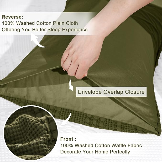 PHF 100% Cotton Waffle Pillow Shams King Size, 2 Pack 20" x 36" Soft Skin-Friendly Pillowcases, No Filling, Aesthetic Woven and Breathable Waffle Weave Pillow Case Covers for Bed, Capulet Olive