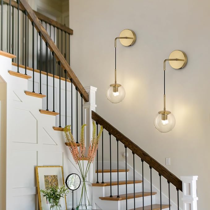 Battery Operated sconces Set of 2 Glass Globe Rechargeable Wall Light Fixture Wireless Wall Lights with Clear Glass Shade for Living Room, Hallway, Bedroom(2 Pack)