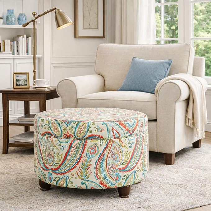HomePop 24" Large Round Storage Ottoman - Bold Paisley