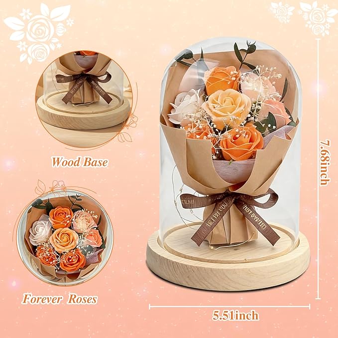 BORNA Preserved Flower in Glass Dome, Champagne Forever Eternal Rose Gift for Mother's Day, Birthday, Valentine's Day, for Mom Wife Daughter Girlfriend