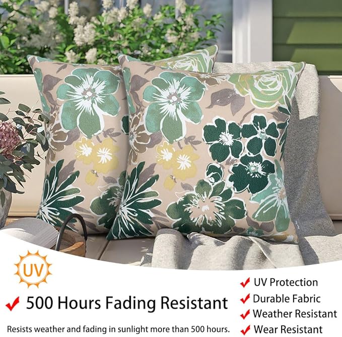 Magpie Fabrics Patio Pillow with Insert 18"x18", Set of 2, Fade-Resistant Outdoor Indoor Cushion Decorative Throw Pillow Decoration for Couch Garden Furniture - Green Floral