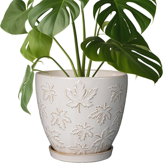 Ceramic Pots for Plants - 8 Inch Plant Pot with Drainage Hole and Saucer Large Planter Pot for Indoor Plants Outdoor Modern Flower Pot Home Decor White